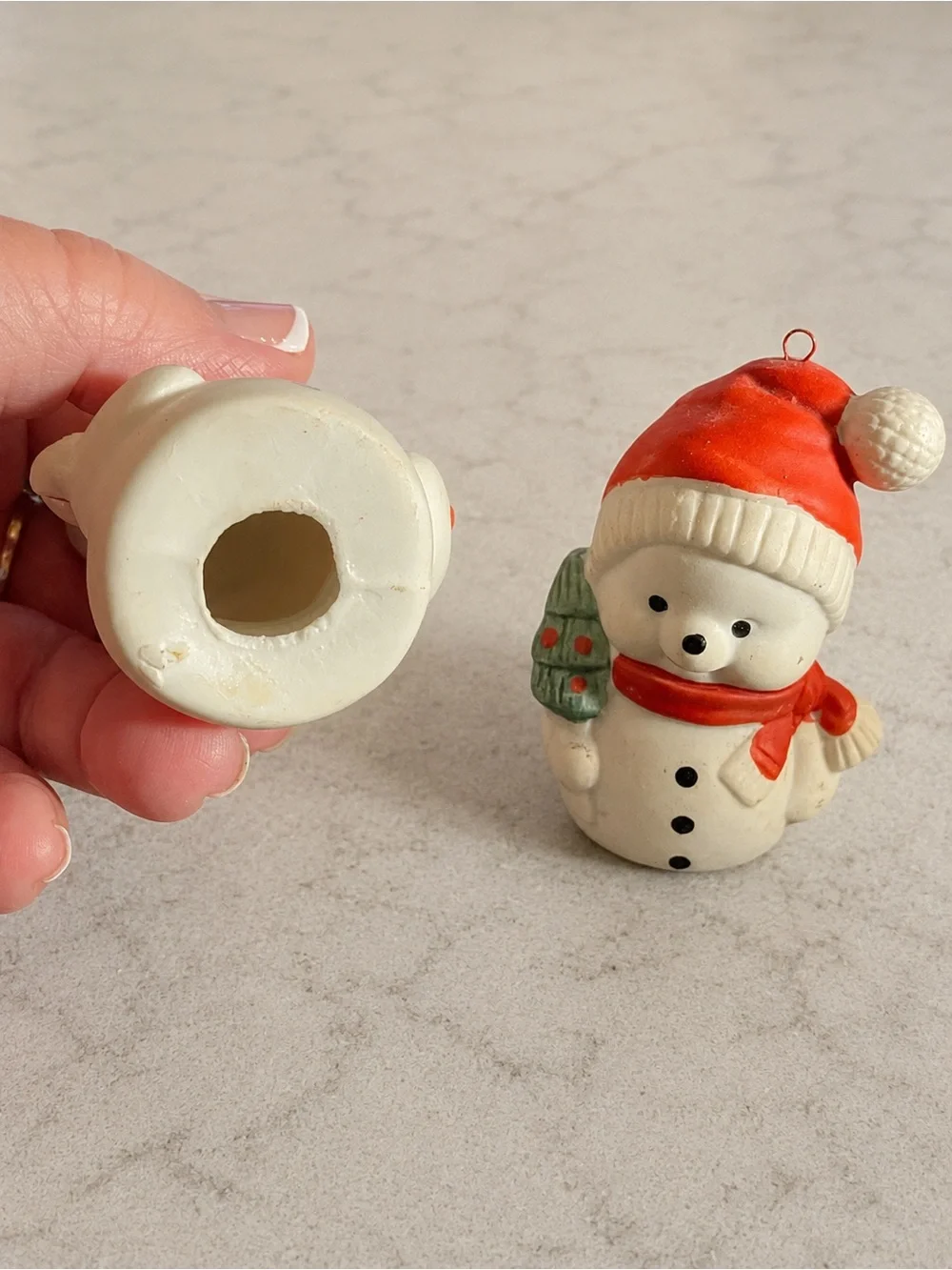 Vintage Style Set of 2 Mini Snowman Christmas Ornaments Red Hats Holiday Decor